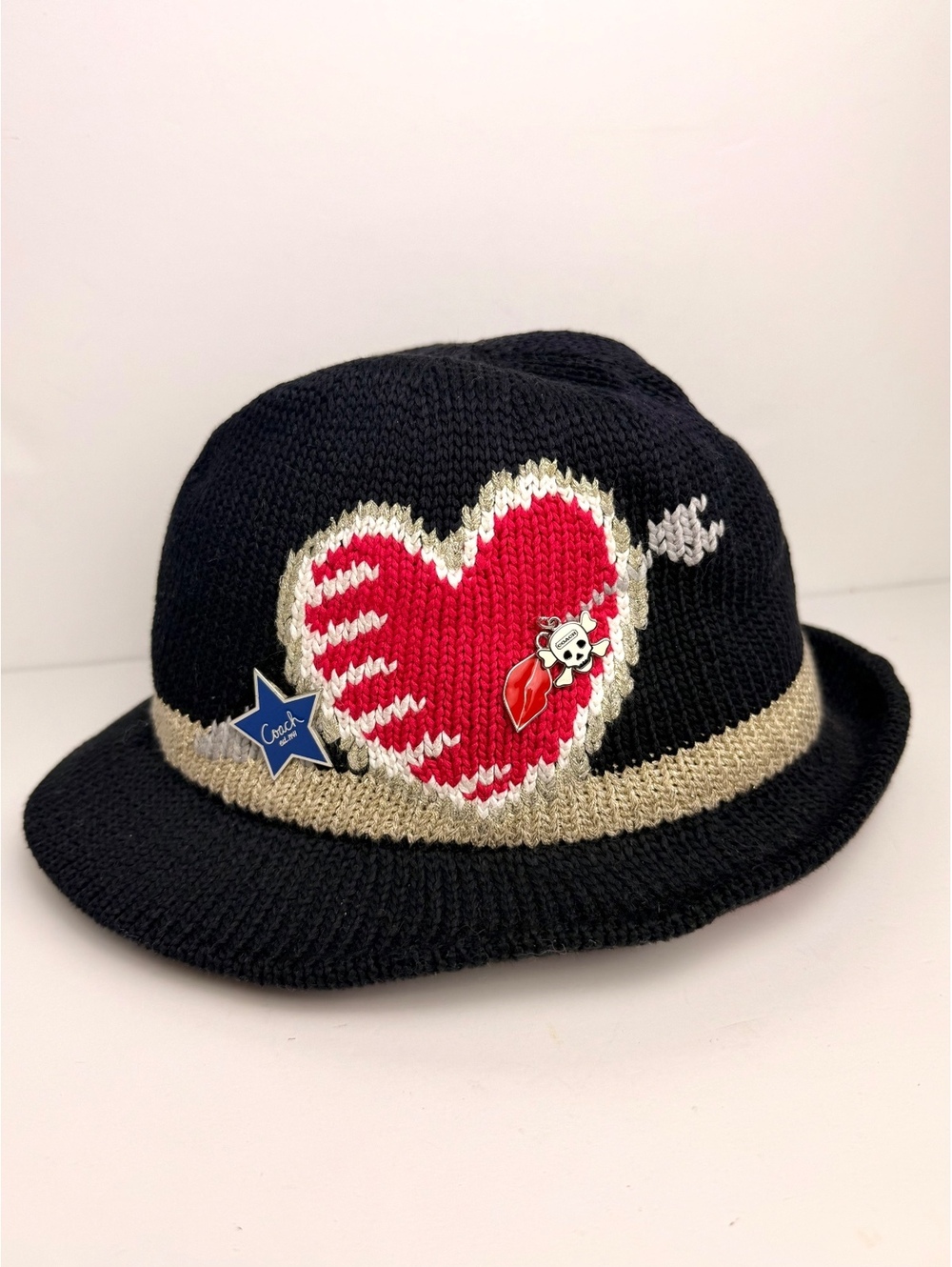 Coach RARE Poppy Brooke Heart Fedora Hat P/S Black Knit Gold Spring 2010